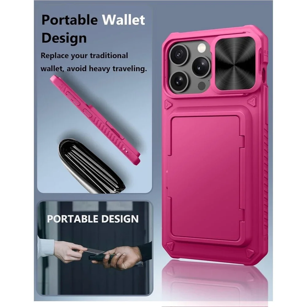 iPhone 15 Pro Max Wallet Case - Sliding Camera Cover - Military Grade - Hot Pink